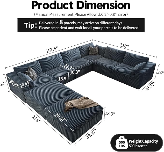 157.5" Cloud Couch Oversized Modular Sectional Sofa for Living Room,Modern Sofa with Deep Seat，8 Seater Boneless Couch with 2 Ottoman,Comfy Upholstered Couches for Apartment, Studio, Office,Blue-HomvellaHome