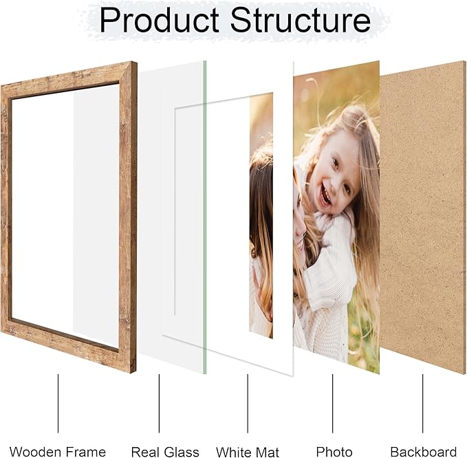 10x14 Picture Frame Set of 4, 10 x 14 Wood Photo Frames with Mat for 8x12 or 30x40cm Diamond Painting Art, Wooden Frame with Real Glass Cover for Wall and Tabletop Display,Brown-HomvellaHome
