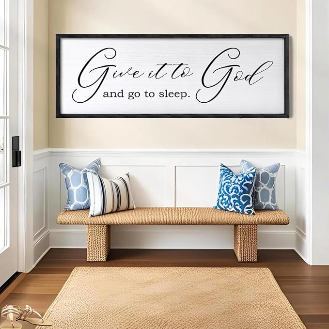 Give It To God And Go To Sleep Sign Wall Decor 40x15 Inch Large Farmhouse Master Bedroom Above Bed Hanging Wall Art Rustic Guest Room Wood Framed Over Bed Wall Decoration (Black)-HomvellaHome