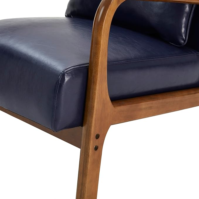 Glitzhome 2 Set Mid Century Navy Blue Accent Armchair, Single Reading Armchair PU Leather Lounge Chair with Walnut Ruberwood Frame-HomvellaHome