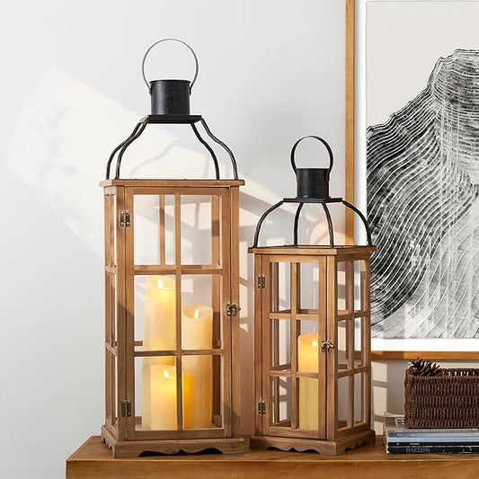 Glitzhome Set of 2 Oversized Farmhouse Wood Lanterns with Metal Top Decorative Hanging Candle Lanterns for Home Décor, Natural (No Glass)-HomvellaHome