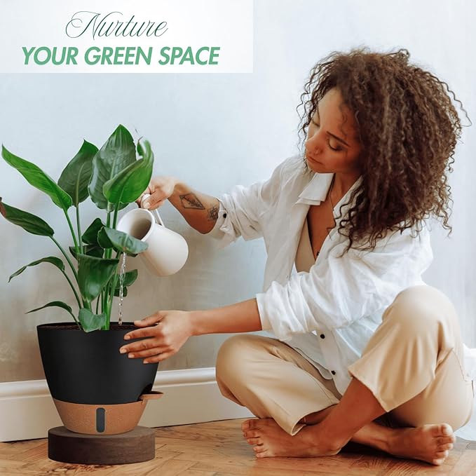 12/10/8 Inch Self Watering Pots for Indoor Plants Plastic Large Plant Pot for Outdoor Plants, Water Level Window & Spacious Reservoir Flower Pots Decorative Planter with Drainage and Tray (Black)-HomvellaHome