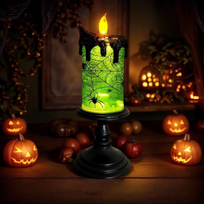 1.Halloween Snow Globe Tornado Flameless Candles Table Centerpiece for Celebration Party,Battery Operated LED Candle with 6 Hours Timer for Home Indoor Halloween Decoration (Spider)-HomvellaHome