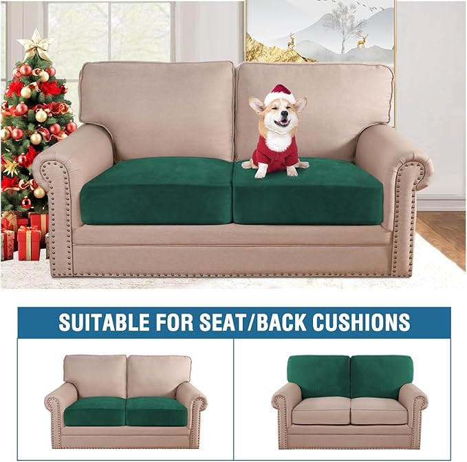 H.VERSAILTEX Velvet Stretch Couch Cushion Cover Plush Cushion Slipcover Cushion Furniture Protector Seat Cushion Sofa Cover (2 Piece Large Sofa Cushion Covers, Vintage Green)-HomvellaHome