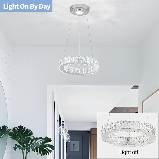 11.8" Crystal Chandelier LED Round Flush Mount Ceiling Light Fixture Modern Hanging Pendant Lighting Mini Ring Chandeliers for Dining Room Kitchen Island Hallway Bathroom (Cool White)-HomvellaHome