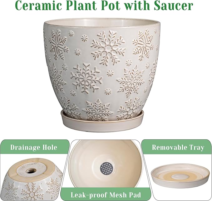 10 Inch Ceramic Planter Pot Large Plant Pot for Indoor Plants Outdoor Round Flower Pot with Drainage Hole and Saucer for Home Garden Decor White-HomvellaHome
