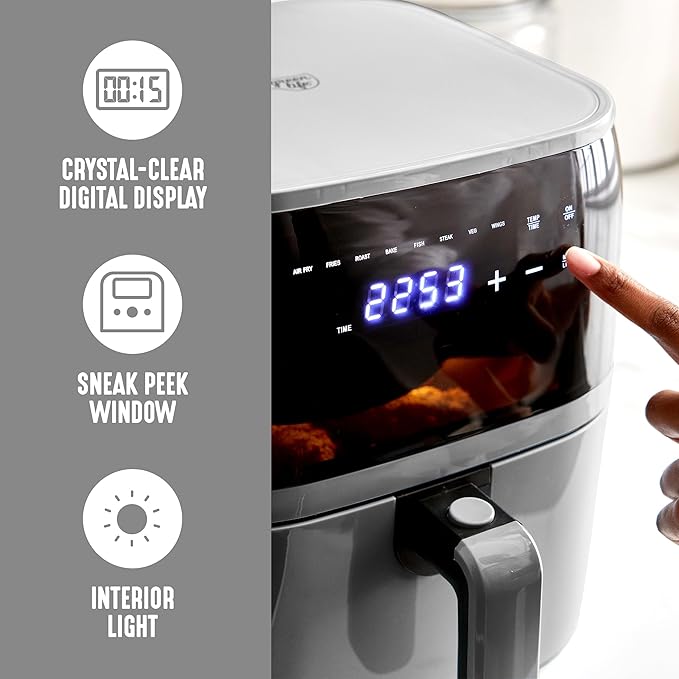 GreenLife Compact Electric Air Fryer Oven, 5.3 QT, PFAS-Free Ceramic Nonstick Drawer, 8 One Touch Digital Display, Easy View Window, Auto Shut-Off Timer, Dishwasher Safe Parts, 1500 Watts, Graphite-HomvellaHome