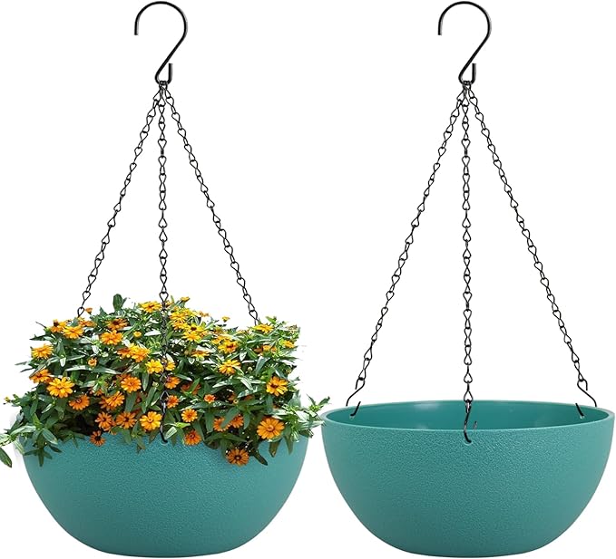 13 inch Large Hanging Planters Plant Pots for Outdoor Indoor Plants with Drainage Holes and Chain, 2 Pack Round Hanging Flower Pots for Garden Home Porch Decor, Blue Green-HomvellaHome