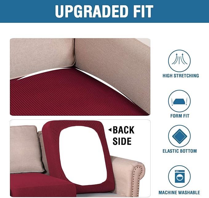 H.VERSAILTEX Super Stretch Individual Seat Cushion Covers - Sofa & Couch Cushion Slipcover Sets - Thick Jacquard Textured Twill Fabric (3 Piece XL Sofa Cushion Covers, Burgundy Red)-HomvellaHome