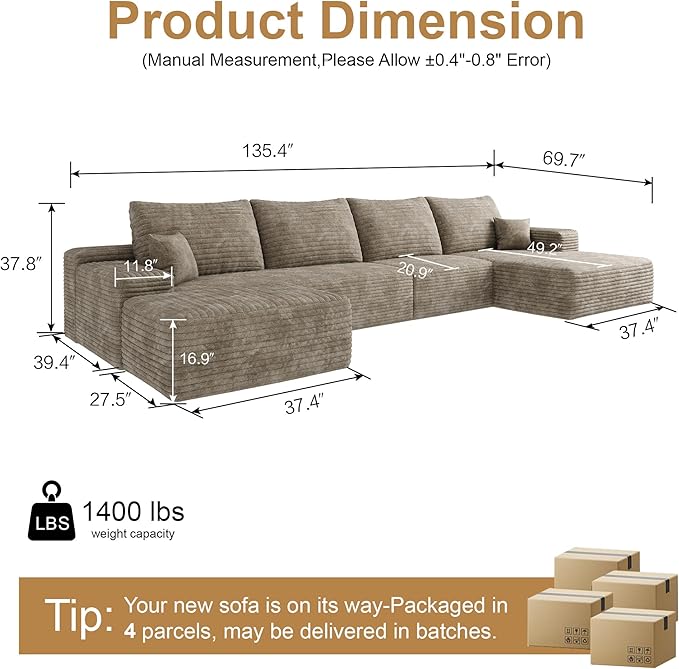 136" Sectional Couches for Living Room Modern Modular Sofa with L-Shape Couchs Upholstered Boneless Couch Deep Seat Sectional Couch with Chaise (Camel, Right Facing Chaise+3Seaters+Ottoman)-HomvellaHome