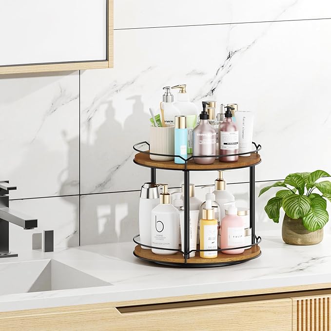 12.4" Lazy Susan Organizer 2 Tier - Rotating Spice Rack, Wooden Spinning Spice Holder for Inside Cabinet, Pantry, Kitchen, Countertop, Bathroom and Vanity, Versatile Storage-HomvellaHome