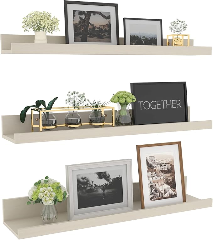 Giftgarden 24 Inch Floating Shelves for Wall, Creamy White Beige Wood-Grain Wooden Shelf Ledge for Bathroom Kitchen Living Room Nursery Bedroom Picture, Set of 3 Different Sizes-HomvellaHome