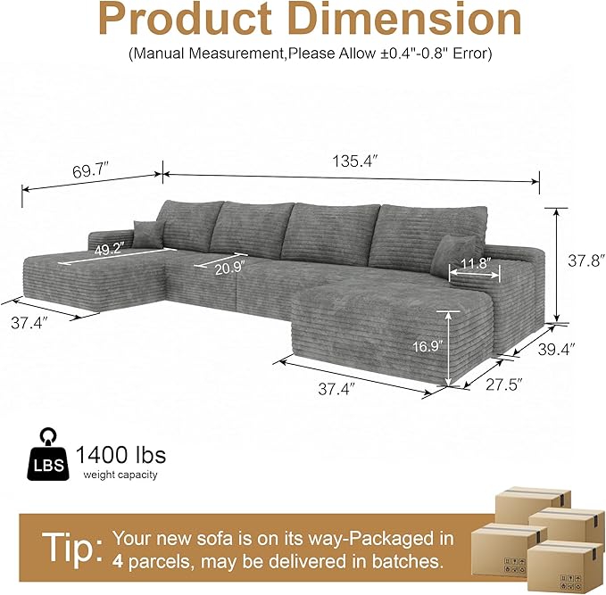 136" Sectional Couches for Living Room Modern Modular Sofa with L-Shape Couchs Upholstered Boneless Couch Deep Seat Sectional Couch with Chaise (Grey, Left Facing Chaise+3Seaters+Ottoman)-HomvellaHome