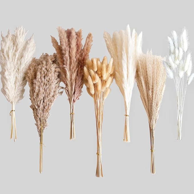 125 PCS Dried Pampas Grass Bouquet, Boho Table Decor, Bunny Tails Dried Flowers, Brown Pampas, White Pampas Grass for Weddings, Home Decor, Rustic Parties, and Baby Shower Decorations-HomvellaHome