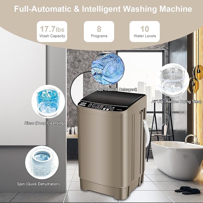17.7 lbs Full Automatic Washing Machine with LED Display Compact Washing Machine with Drain Dump, 10 Wash Programs and 8 Water Levels Ideal for Dorms, Apartments, RV, Gold, KB03 GOLD6-3-HomvellaHome