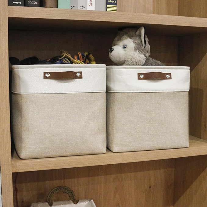 13x13 Cube Storage Bins, Collapsible Fabric Storage Box, 4 Pack Closet Baskets with Handles for Organizing, Shelf, Toys, Clothes, Home, Office, Nursery (Beige&White)-HomvellaHome