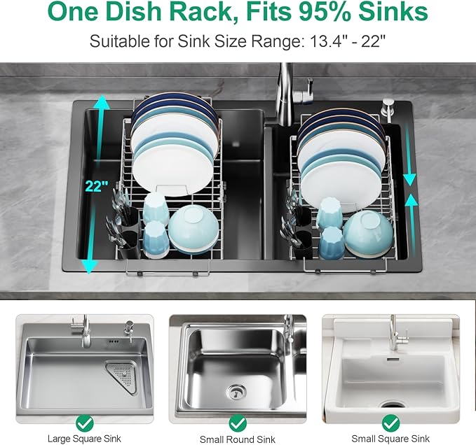 GSlife Expandable Sink Dish Drying Rack - Stainless Steel Capacity Adjustable Over The Sink Dish Rack (13.4''-20.4'') with Sink Mat and Utensil Holder, Silver-HomvellaHome