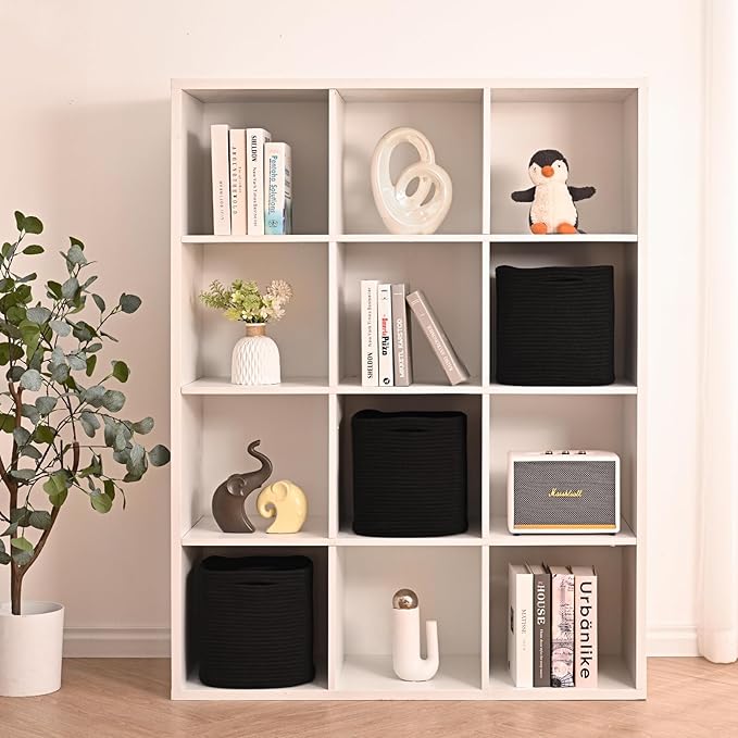 11 Inch Cube Storage Bins, Storage Cube Organizer Bins, Woven Cotton Rope Basket for Storage, Storage Baskets for Organizing Shelves, Square Baskets for Toys, Black (Pack of 3)-HomvellaHome