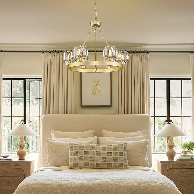 Gold Wagon Wheel Chandelier, 24 Inch Brass Chandeliers with Unique Glass Shade, 6-Light Crystal Farmhouse Wagon Wheel Chandeliers for Dining Room, Round Chandelier for Living Room, Foyer, Entryway-HomvellaHome