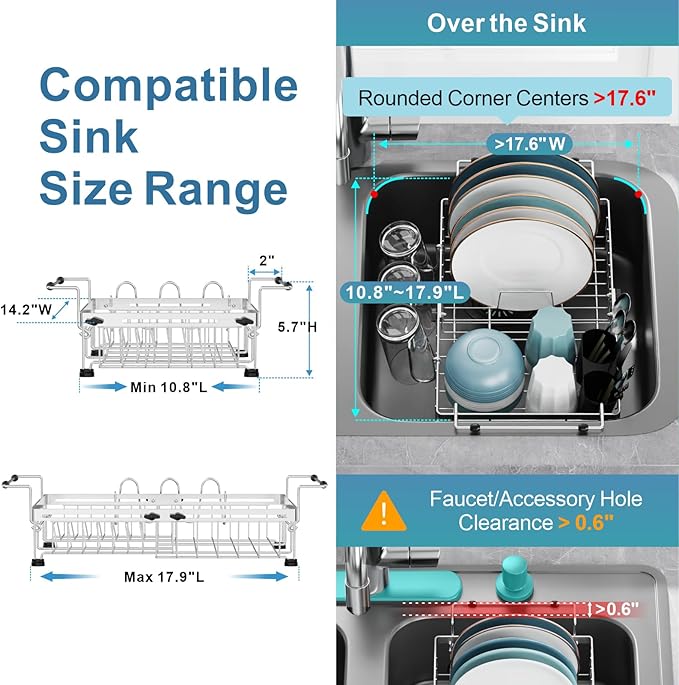 GSlife Expandable in Sink Dish Drying Rack - Capacity Adjustable Stainless Steel Over The Sink Dish Drainer with 2 Cup Holder and Utensil Holder for Kitchen Sink, 10.8"~17.9" L x 14.2" W, Silver-HomvellaHome