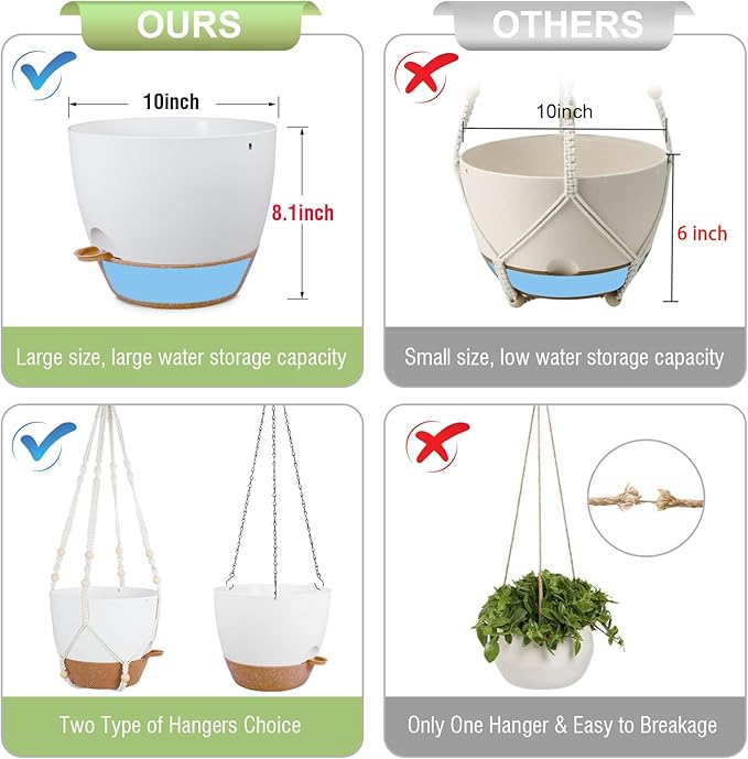 10 inch Self Watering Hanging Planters, 2 Pack Hanging Baskets for Indoor Outdoor Plants, Hanging Flower Pots with Drainage Holes & 2 Kinds of Plant Hangers for Garden Home Décor, White Brown-HomvellaHome