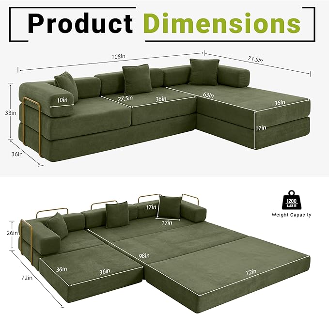 108" Oversized Convertible Sleeper Sofa Bed, Corduroy L Shape Sectional Couch, Folding Sofa Bed with Side Pocket, Modern Cloud Floor Mattress Couch, Modular Sofa for Living Room, Green-HomvellaHome