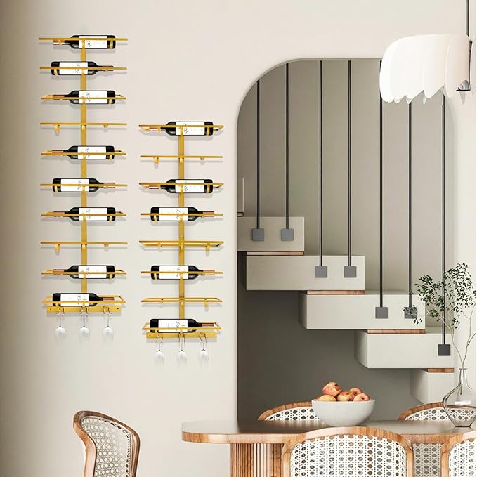 10 Bottle Wall Mount Wine Rack with Wine Glass Holder, Metal Wine Wall Rack, Wall Racks for Wine Bottles Display and Storage, Hanging Bottle Organizer for Living Dining Room Wine Cellar Bar (Gold)-HomvellaHome