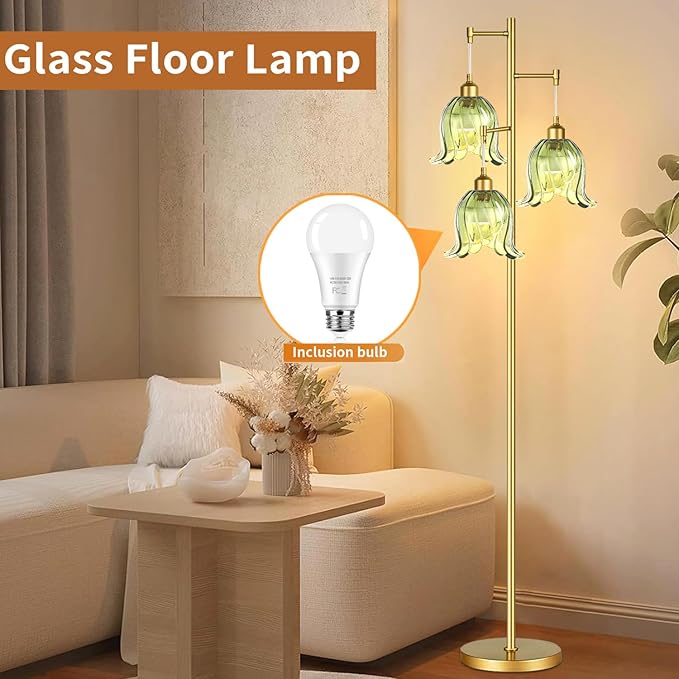 Gold Floor Lamp for Living Room,Bedroom,Tree 3 Light Standing Lamp Mid Century Modern Brass Tall Floor Lamps Vintage Retro Floor Lights Green Glass Flower Lamp Shade Farmhouse Boho Bohemian-HomvellaHome