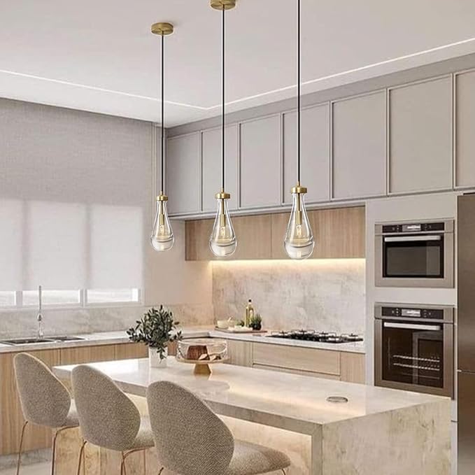 Raindrop Pendant Lights Set of 3, Pendant Lights Kitchen Island 3 Pack, Teardrop Glass Pendant Lights for Bedroom Bathroom, Island Lights, Chandelier for Living Room Hallway, Bulb Included-HomvellaHome