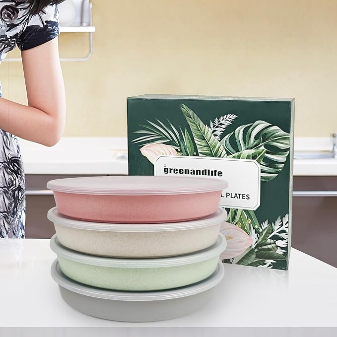 greenandlife 9 Inch 4PCS Divided Plates with Lids, Portion Control Plates for Kids Adults, Dishwasher Microwave Safe Compartment Plate, Unbreakable Lightweight Reusable Wheat Straw Plate Set, INS-HomvellaHome