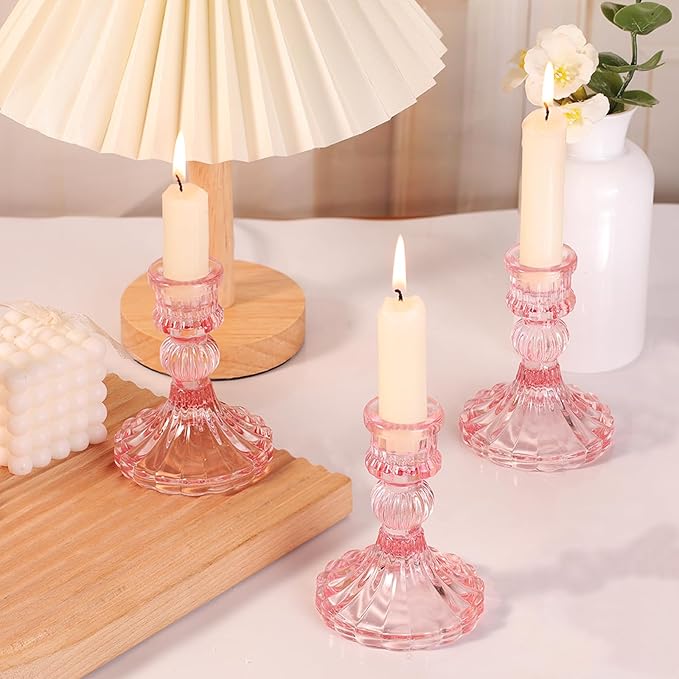 12PCS Pink Candlestick Holders Set- 4" H Taper Candle Holders, Glass Candle Holders Bulk for Wedding, Party, Home Table Centerpieces, Festival Gifts & Windowsill Decor-HomvellaHome