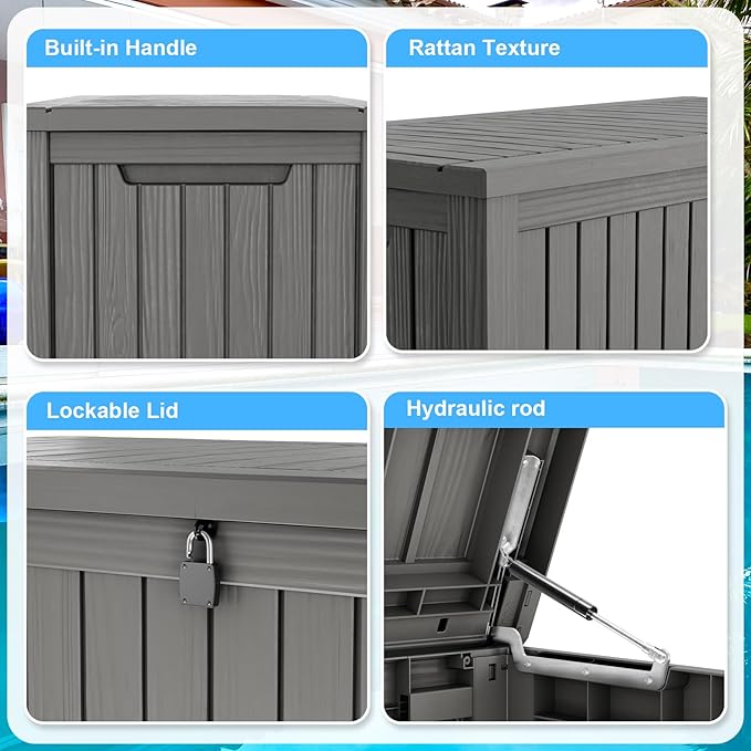 180 Gallon Deck Box,Resin Outdoor Storage Box with Lockable for Patio Furniture, Pool Accessories, Garden Tools Waterproof Outside Storage Box, Grey-HomvellaHome