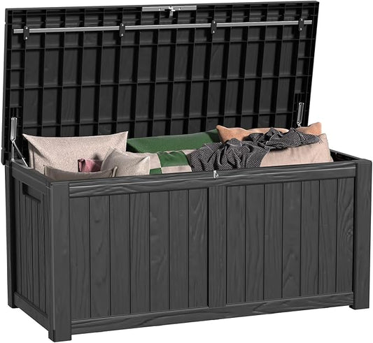 120 Gallon Outdoor Deck Box,Storage Lockable Waterproof Patio Furniture,Garden Tools,Cushions,Pool Accessories Outside Storage Resin Box(Black)-HomvellaHome
