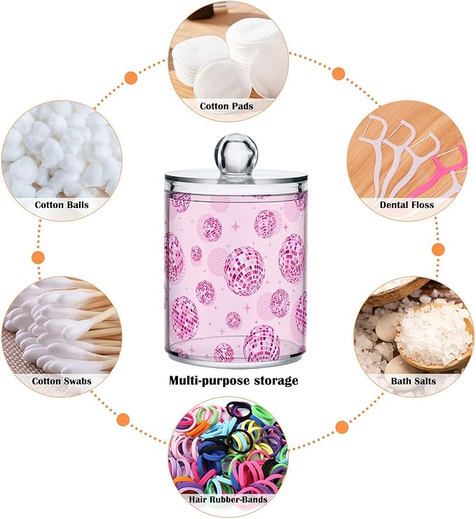 2 Pack Qtip Holder Organizer Dispenser Disco Balls Pink Bathroom Storage Canister Cotton Ball Holder Container for Cotton Pads/Swabs/Floss-HomvellaHome