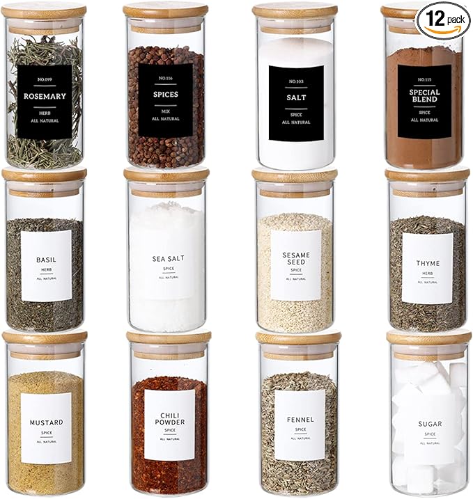 12 Pcs Glass Spice Jars With 296 Spice Labels Preprinted of White and Black Color- 10oz Thicken(2.4mm) Spice Containers With Bamboo Airtight Lids - Empty Small Herb Seasoning Jars-HomvellaHome