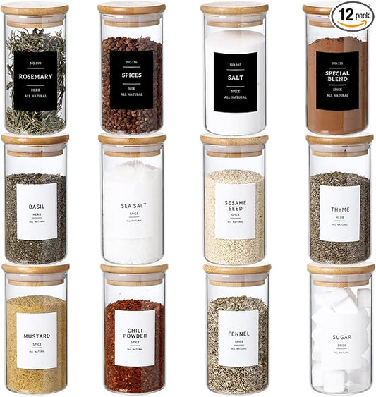 12 Pcs Glass Spice Jars With 296 Spice Labels Preprinted of White and Black Color- 10oz Thicken(2.4mm) Spice Containers With Bamboo Airtight Lids - Empty Small Herb Seasoning Jars-HomvellaHome