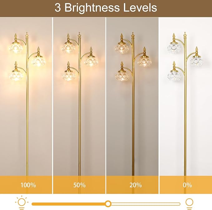 Gold Floor Lamp, Dimmable Tree Floor Lamps for Living Room Brass Tall Standing Lamp with 3 Rotatable Lights Glass Shade 66.5'' Modern Corner Lamp for Bedroom Office(3LED Bulbs Included)-HomvellaHome