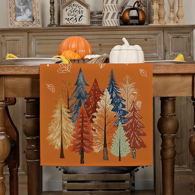 GEEORY Fall Watercolor Trees & Maple Leaves Table Runner 13x60 Inch, Rustic Farmhouse Autumn Thanksgiving Decor for Kitchen, Dining, Indoor/Outdoor Holiday Dinner Party Orange GT158-60-HomvellaHome