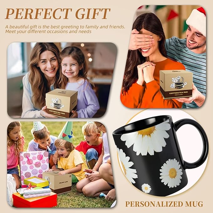 12Oz Daisy floral Black Ceramic Mug, Mug for Daily Coffee and Tea, Lead-free Microwave and Dishwasher Safe Coffee Mug, Perfect gifts for Women and men-HomvellaHome