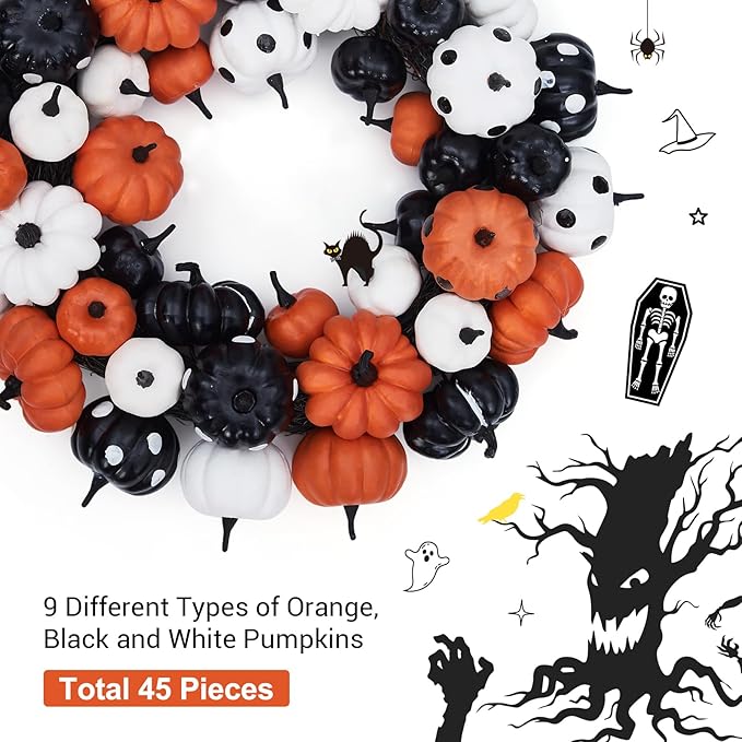 GarveeHome Halloween Pumpkin Wreath for Front Door, 18 Inch Fall Farmhouse Wreath with Orange, Black and White Pumpkins, Rattan Bottom Halloween Indoor Outdoor Home Party Decor-HomvellaHome
