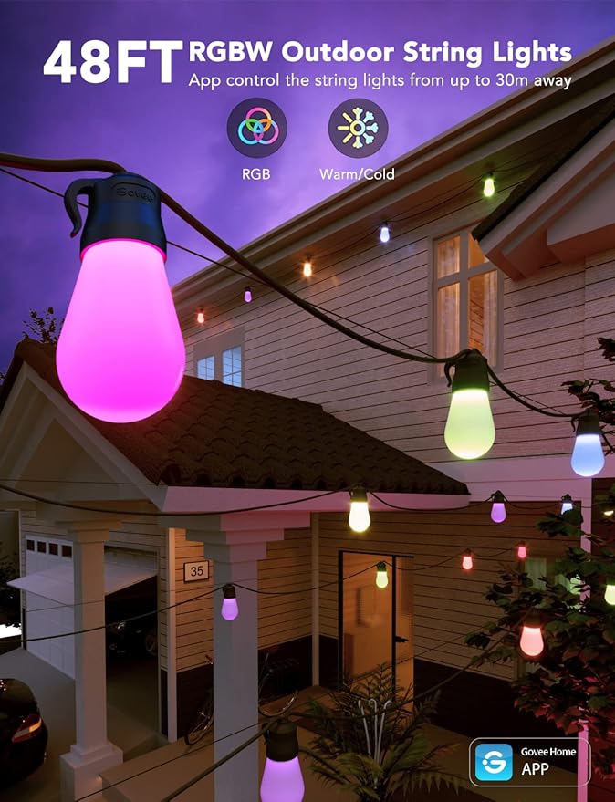 Govee Smart Outdoor String Lights H7015, 48ft RGBIC Outdoor Lights with 15 Dimmable LED Bulbs, IP65 Waterproof, Color Changing Warm White Lights with 47 Scene Modes for Patio, Backyard, App Control-HomvellaHome