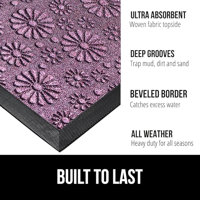 GORILLA GRIP 100% Waterproof All-Season WeatherMax Doormat, 23x35, Durable Natural Rubber, Stain and Fade Resistant, Low Profile, Indoor Outdoor Doormats, Easy Clean Entry Mat, Purple Confetti Daisy-HomvellaHome