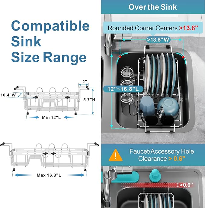 GSlife Expandable in Sink Small Dish Drying Rack - Stainless Steel Capacity Adjustable Over The Sink Dish Rack with Cup Holder (12" -16.8"), Dish Drainer for Kitchen Sink with Utensil Holder, Silver-HomvellaHome