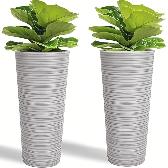 GreenShip 27" Tall Planters, Set of 2 – Black Outdoor Planter for Front Porch & Tall Plants, Weather-Resistant, with Drainage Hole & Rubber Plug (No Plants Included) (Light Gray)-HomvellaHome