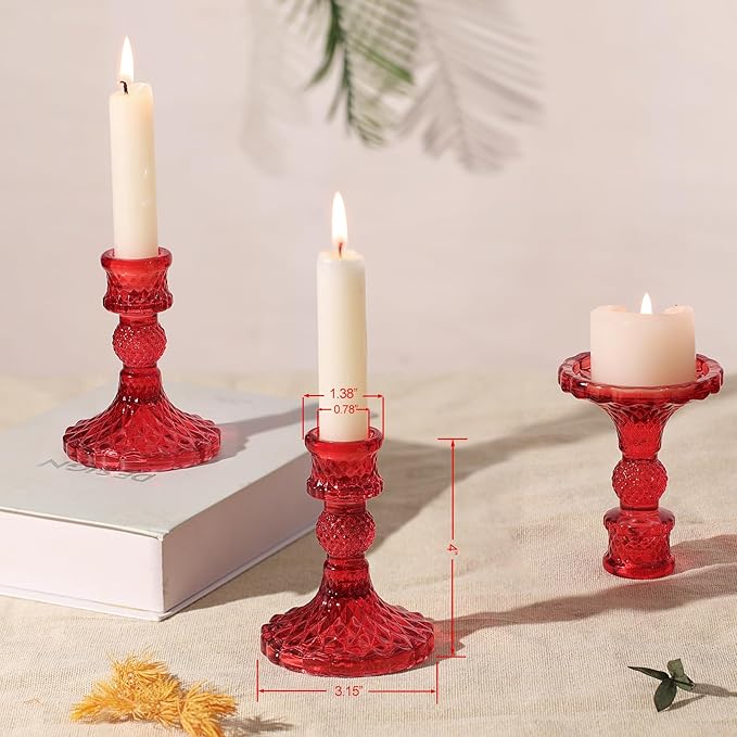 12Pcs Red Candlestick Holders Set- 4" H Taper Candle Holders Bulk, Glass Candle Holders for Activities, Party, Romantic Dinner Table Centerpieces, Festival Gifts & Windowsill Decor-HomvellaHome