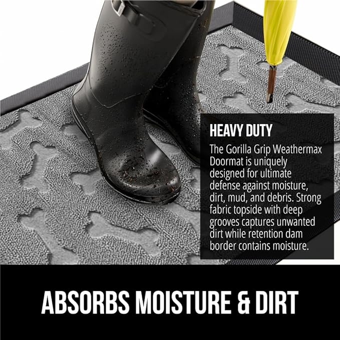 GORILLA GRIP 100% Waterproof All-Season WeatherMax Doormat, US Designed Natural Rubber, Stain and Fade Resistant, Low Profile Indoor Outdoor Door Mats, Easy Clean Patio Mat, 17x29, Light Gray Bones-HomvellaHome