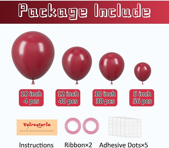 130pcs Burgundy Balloons Different Sizes 18" 12" 10" 5" Wine Red Balloons for Birthday Graduation Bride Baby Shower Wedding Decorations-HomvellaHome