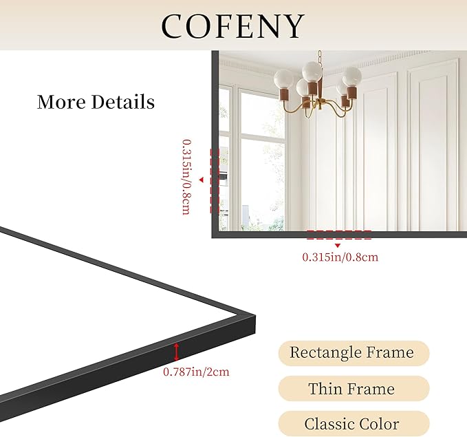 36x50inch Bathroom Mirror, Black Rectangle Mirrors with Thin Metal Frame, Large Rectangular Wall Mirror for Bathroom, Living Roomm, Hair Salon, Big Farmehouse Mirror Hang Horizontal/Vertical-HomvellaHome