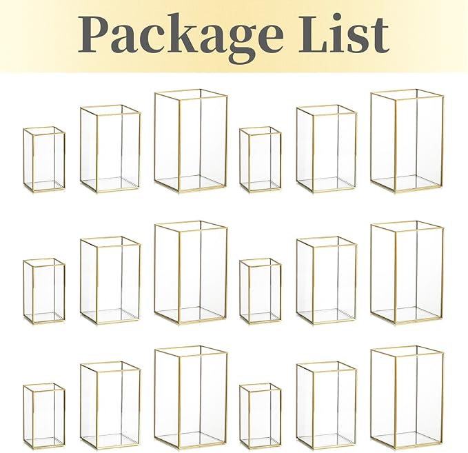 Glass Hurricane Candle Holder Large - Hewory 18pcs Gold Rectangle Flower Holders Centerpiece for Table, Tall Floor Square Pillar Candle Lantern for Wedding, Anniversary, Party, Fireplace, Dining Room-HomvellaHome