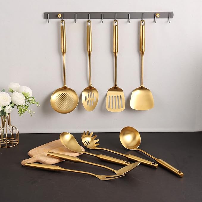 Gold Kitchen Utensils Set - 18/10 Stainless Steel Cooking Tools, 15" All Metal Serving Utensils with Fork, Solid/Slotted Spoon, Spatula, Ladle, Skimmer, Tunner, Pasta Spoon, Large Spoon, Set of 9-HomvellaHome